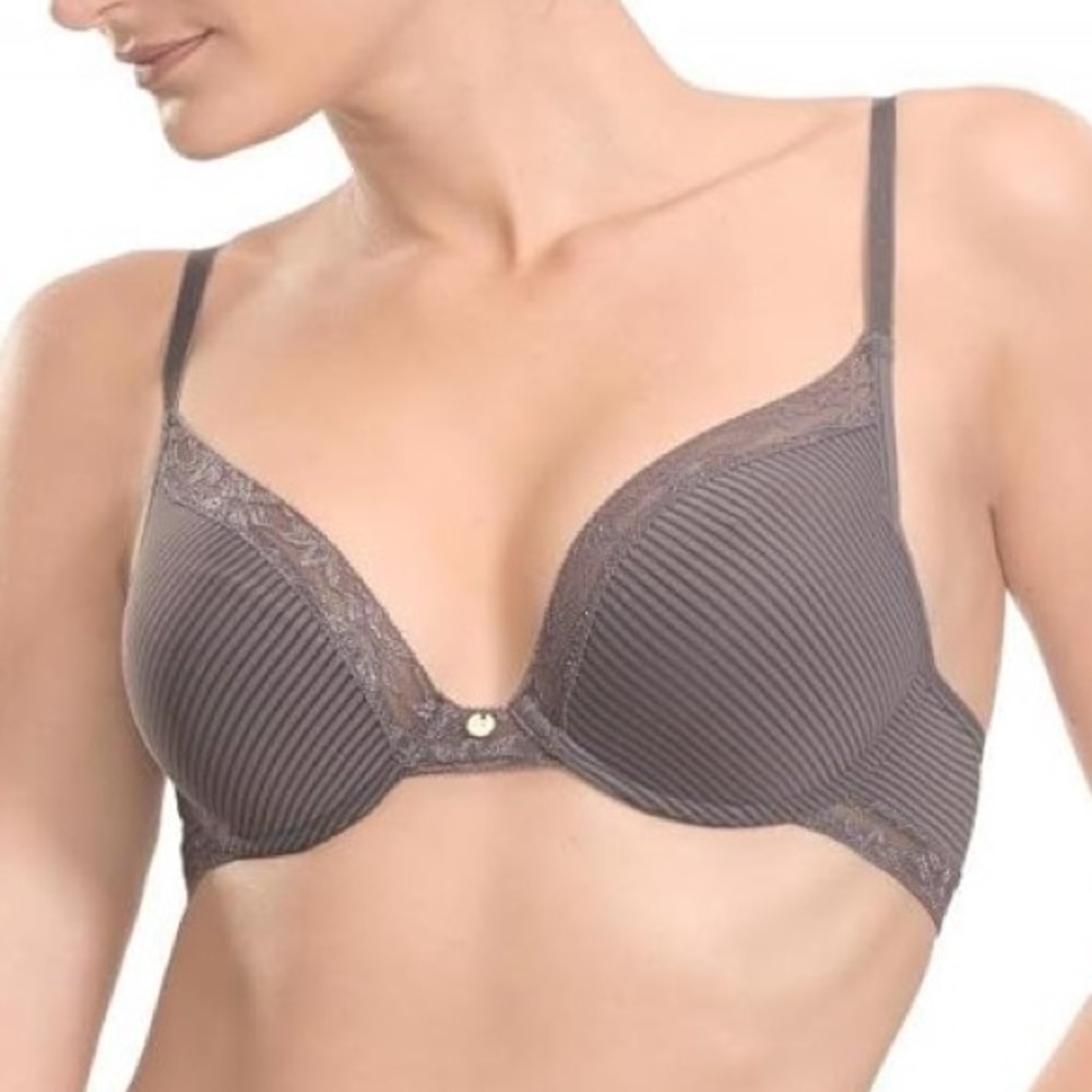 Natori 34DD Ravish Mod Striped Deep Plunge Push-up Bra Gunmetal Grey 730062